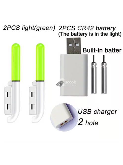 Elektronikus horgászbot világító úszóbot-lámpa, lítium akkumulátoros LED világítás, 2 zöld fény, 1 lyukú kivitel