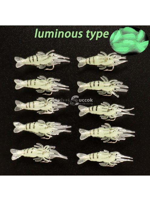 10db Sötétben világító szilikon garnélarák horgászcsali horoggal éjszakai horgászathoz