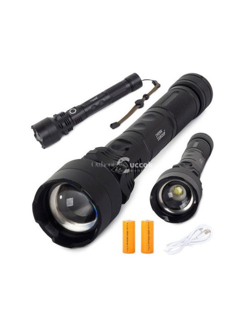 Erős taktikai LED zseblámpa XHP50 zoom funkcióval és USB csatlakozással kültéri használatra.