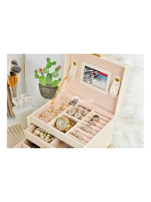 Ékszerdoboz - Bézs színű ékszer tároló és sminkes láda több rekesszel