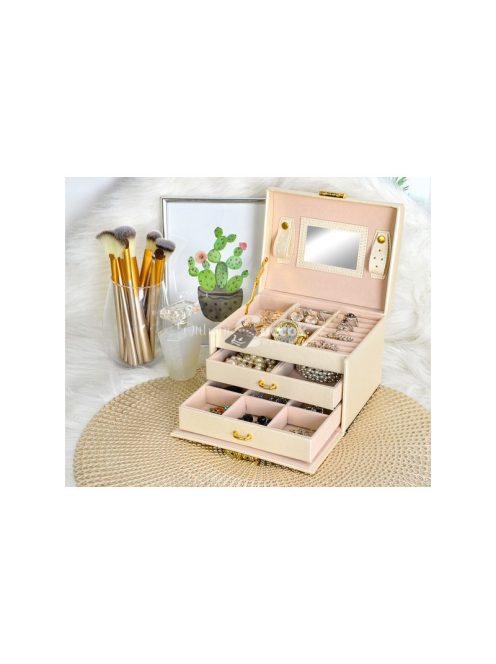 Ékszerdoboz - Bézs színű ékszer tároló és sminkes láda több rekesszel