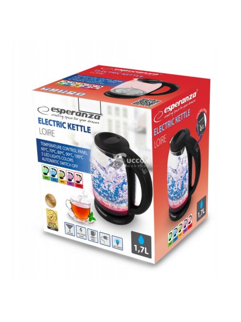 Elegáns Elektromos Üveg Vízforraló LED-del és Hőmérséklet-szabályozóval - Fekete - 1.7 L - Loire - EKK027