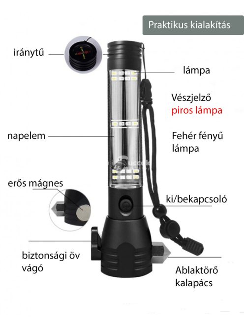 Napelemes zseblámpa biztonsági öv vágóval/ablaktörővel
