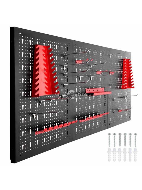 Fém, fali szerszámtartó panel kampókkal és tárolókkal