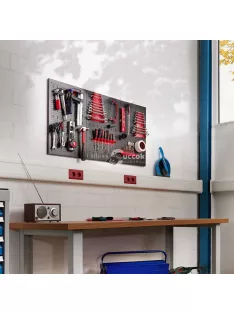 Fém, fali szerszámtartó panel kampókkal és tárolókkal