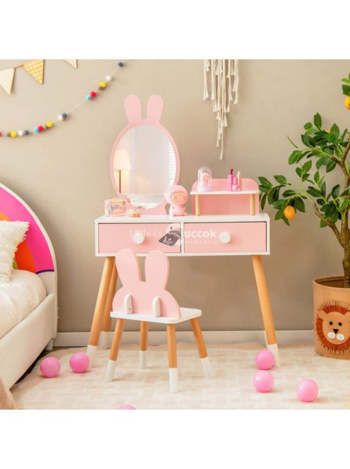 Nyuszis fésülködő asztal gyerekeknek, tükörrel, székkel