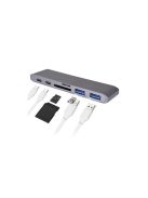 USB elosztó HUB MacBook-hoz szürke színben, Type-C, USB 3.0, SD, Micro SD, TF