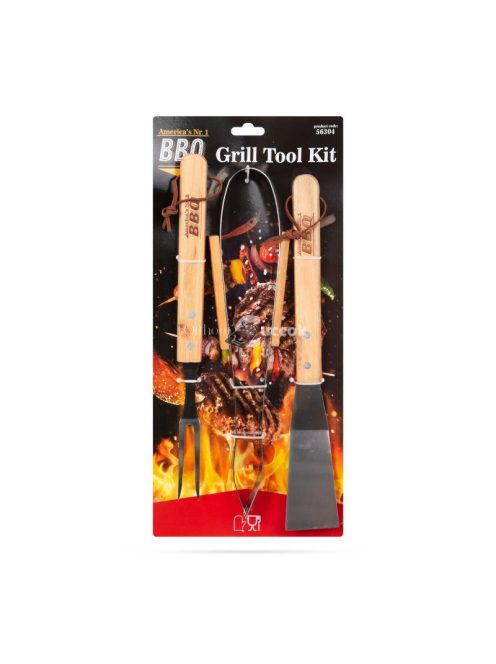 Grill eszköz szett, 3 db-os, fa nyéllel