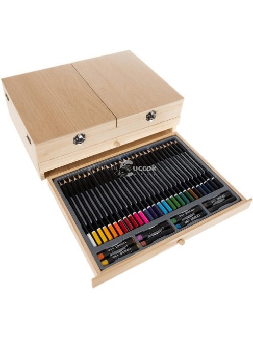 Festő szett stílusos fa tartóban, 83 db-os