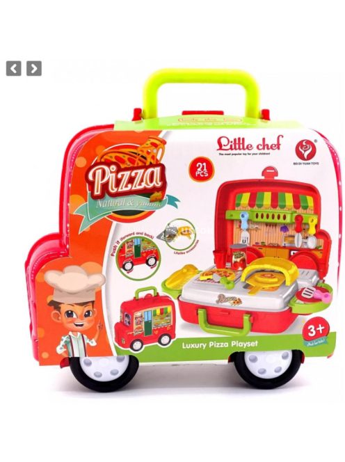 Játék műanyag gurulós fagyis kocsi szett - Játék műanyag gurulós pizzás kocsi szett - piros