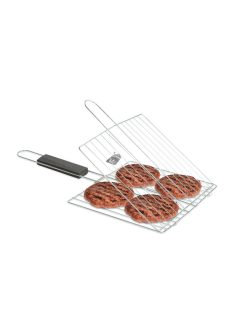   BBQ Grill hamburger sütő rács - króm bevonattal, fa nyéllel - 38 x 22 cm