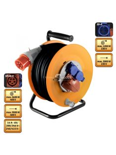   Home HJR 400-25 kültéri ipari kábeldob, 25 m, fém talp, IP44-es védelem, H07RN-F 5G2,5 mm2 gumi kábel, 2 db 2P+E és 1 db 3P+N+E