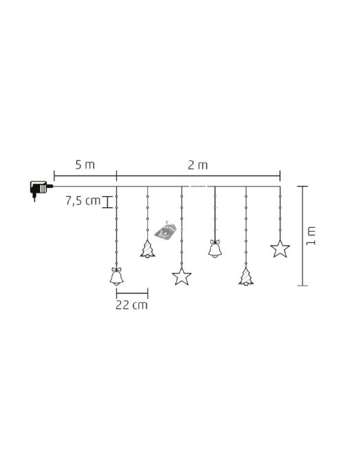 Home KAF 11/WH micro LED-es figurás fényfüggöny, 2 m / 186 db hidegfehér LED, harang / fenyő / csillag figurákkal, hálózati adap
