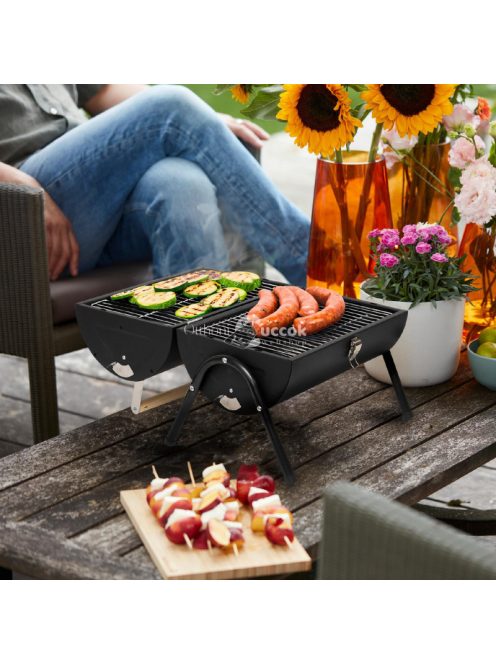 Home GR01 hordozható asztali grill, faszén, faszénbrikett, nyitott vagy zárt fedél, 2 rostély, 2 széntartó rács, 22 cm rostélyma