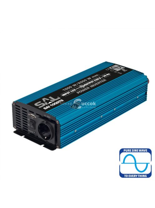 SAL SAI 1000TS tiszta szinuszos feszültségátalakító, 1000 W, inverter, 2,1 A USB gyorstöltő, gyermekzár