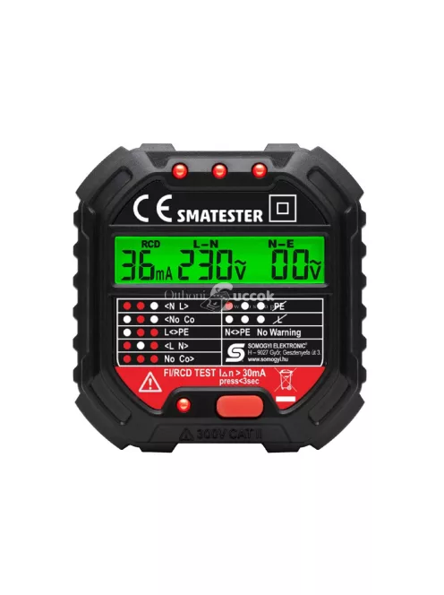 Home SMATESTER konnektor teszter, LED visszajelzők, Voltmérő, L-N, N-E, RCD mA, Fi és RCD relé ellenőrző, elem nélkül működik, max. 250 V~ aljzatokhoz