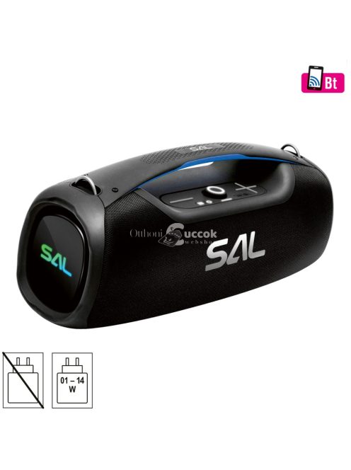 SAL BT9000 hordozható boombox, vezeték nélküli hangszóró, 100 W, IPX5, BT TWS, AUX, USB/microSD, Soft Touch gombok, ~10 h üzemidő, USB-C töltőkábel