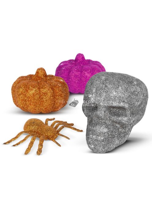 Halloween-i dekoráció szett - pók, koponya, 2 db tök - glitteres