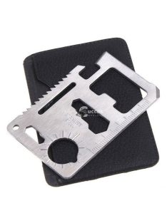  túlélő kártya, 11 funkciós, tokkal; 6,9×4,5×0,2cm, inox