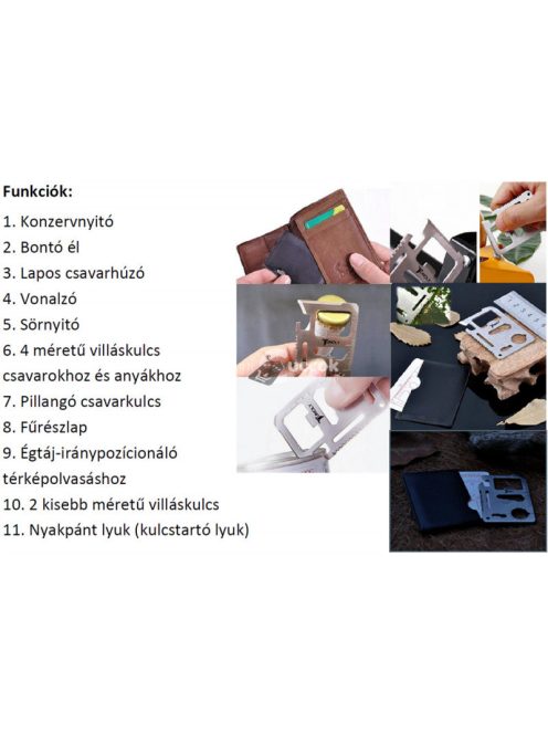 túlélő kártya, 11 funkciós, tokkal; 6,9×4,5×0,2cm, inox