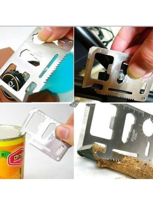 túlélő kártya, 11 funkciós, tokkal; 6,9×4,5×0,2cm, inox