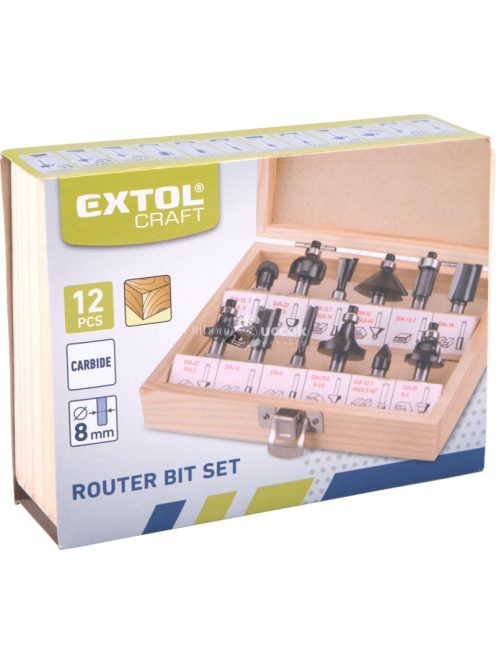 EXTOL CRAFT felsőmaró klt. 12db, kisebb szett (fadobozban) ; 8mm-es befogással