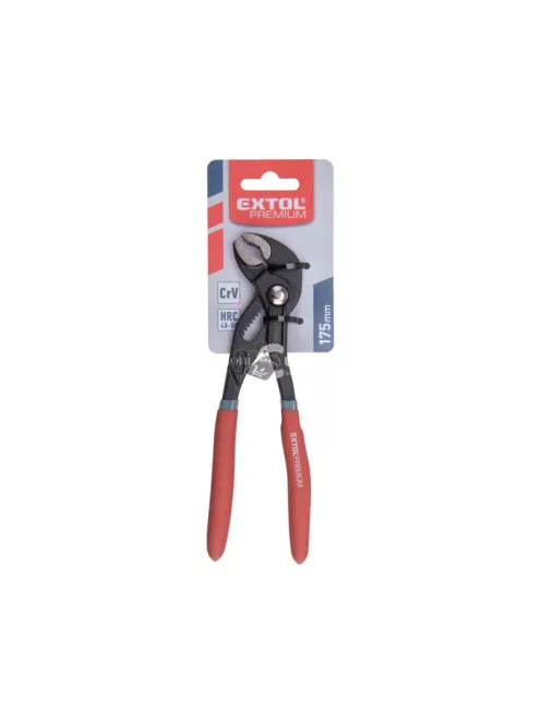 EXTOL PREMIUM vízpumpa fogó, 175mm, CrV50, max nyitás 26 mm, szivacsos nyél, akasztós papír szerszámtartó