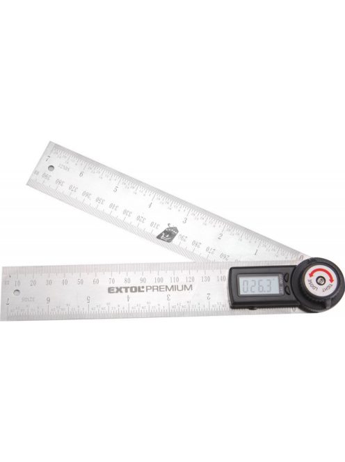EXTOL PREMIUM digitális szögmérő-vonalzó, szög- és hosszmérésre, 0-360°, pontosság: ±0,3°, 2×200 mm, Alu szár mm és coll beosztással