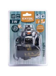   EXTOL LIGHT LED fejlámpa, 3 W, CREE XPE, 120 Lumen; IR szenzor, cseppálló, 3 funkció (teljes/fél fényerő, villogás), elem nélkül
