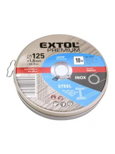   EXTOL PREMIUM vágókorong 10 db, acélhoz/inoxhoz, kék; 125×1×22,2mm, max 12200 ford/perc, fémdobozban