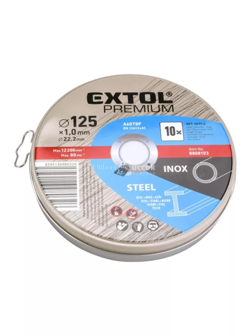 EXTOL PREMIUM vágókorong 10 db, acélhoz/inoxhoz, kék; 125×1×22,2mm, max 12200 ford/perc, fémdobozban