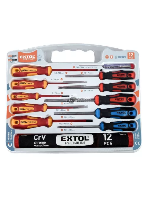 EXTOL PREMIUM csavarhúzó klt. szigetelt 1000V+nem szigetelt, 6+5db ; fáziskeresővel, műanyag kínáló+nylon tok