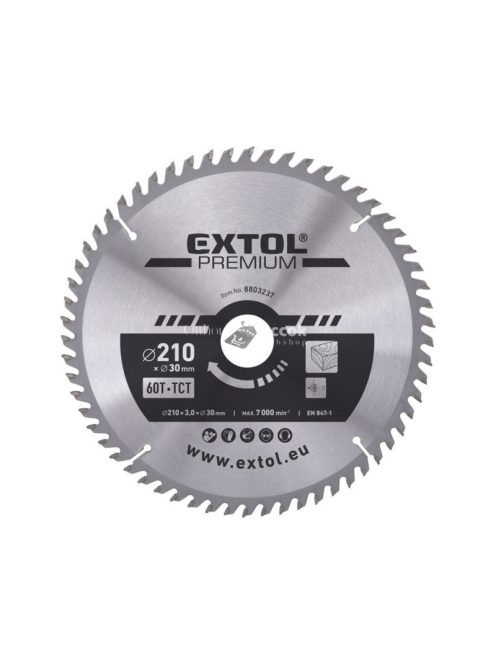 EXTOL PREMIUM körfűrészlap, keményfémlapkás, 300×30mm(lyuk átm), T60; 3,2mm lapkaszélesség, max. 5000 ford/perc