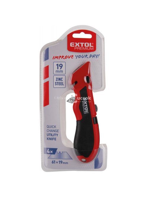 EXTOL PREMIUM PVC vágókés, 5 db trapézpengével, gyorstöltős, pengetárolós, festett ALU ház, gumírozott, zsinórvágó penge: 9124,8