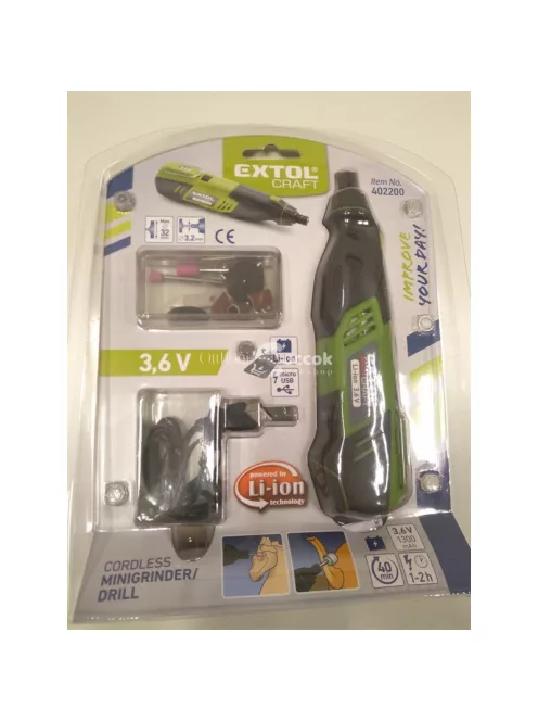 EXTOL CRAFT akkus mini köszörű és fúrógép, Li-ion; 3,6V, 1300 mAh, ford.:18000 1/min, befogás 3,2mm