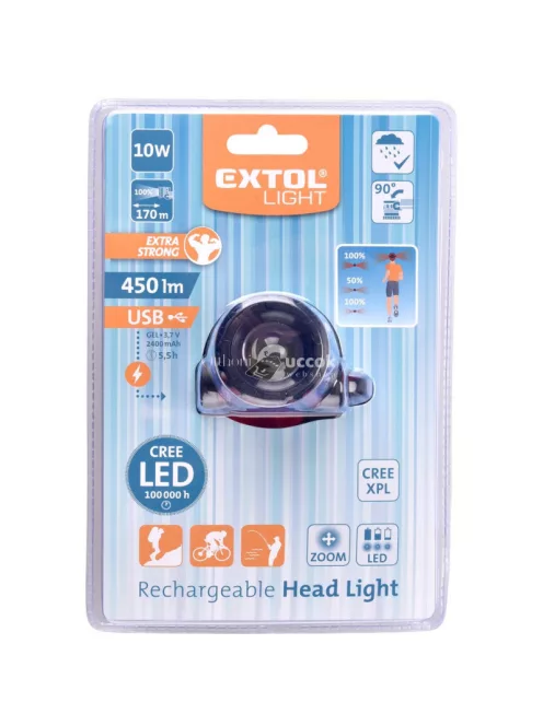 EXTOL LIGHT LED fejlámpa, 10 W, CREE XPL, 450 Lumen; tölthető akkuval, zoom + 3 funkció (teljes/ 1/4 fényerő, villogás), fehér+p