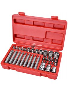   EXTOL PREMIUM BIT és dugókulcs klt. 35 db TORX, 1/4"+8mm+10mm+12mm BIT-ek, 1/4"+3/8" dugófejek, adapterek C.V. acél, műanyag dobozban
