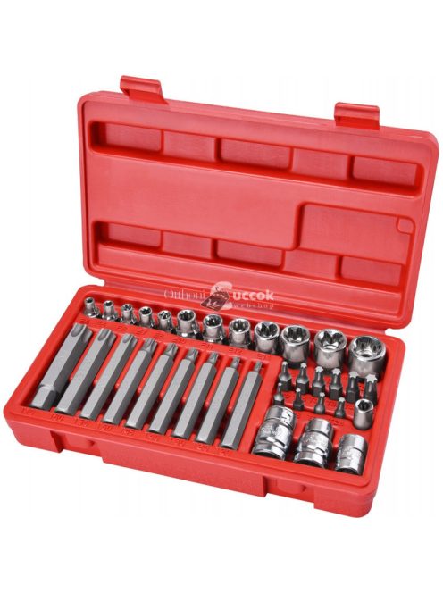 EXTOL PREMIUM BIT és dugókulcs klt. 35 db TORX, 1/4''+8mm+10mm+12mm BIT-ek, 1/4''+3/8'' dugófejek, adapterek C.V. acél, műanyag dobozban