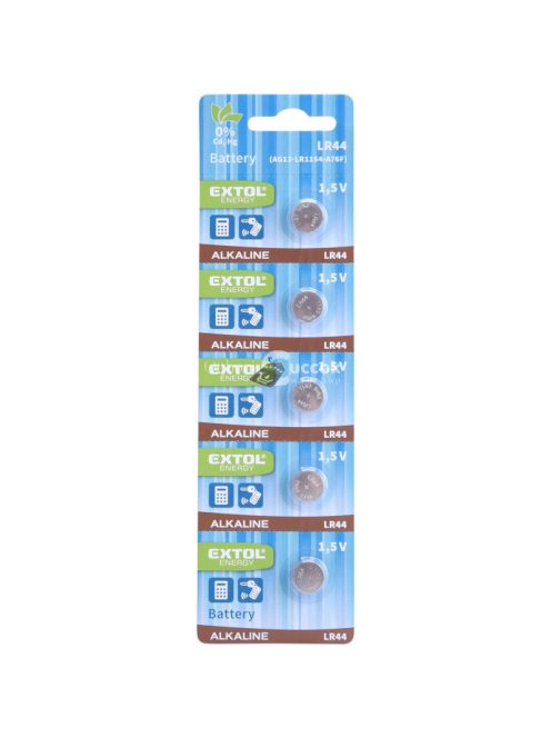 EXTOL ENERGY gombelem klt. 5 db, alkáli, 1,5V, méret: (LR44/AG13); hosszú étettartam, bliszteren
