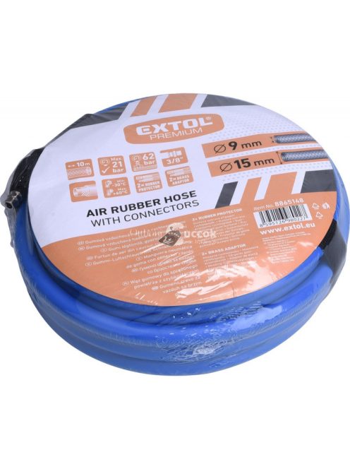 EXTOL PREMIUM légtömlő egyenes, 10m, kompresszorhoz, 3/8, átm.: 9 / 15 mm, max. 20 Bar, gyorscsatlakozókkal