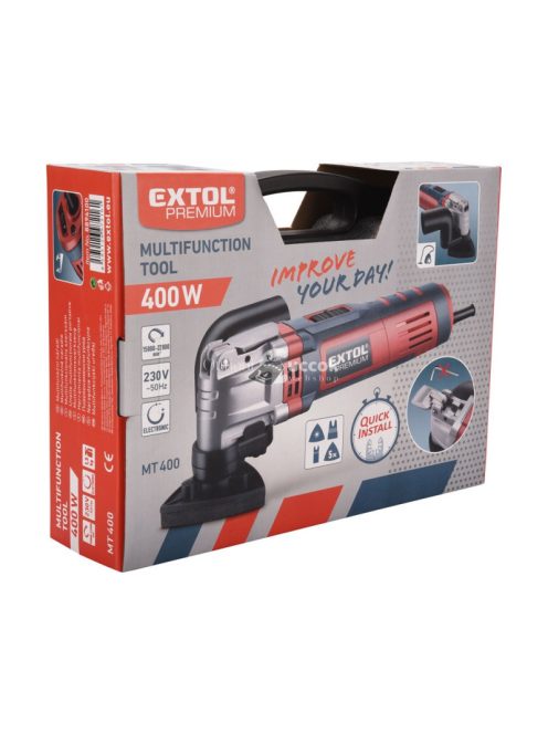 EXTOL PRMIUM multifunkciós szerszámgép, 400W; szabályozható rezgésszám: 15.000-22.000/perc, 5 db cserélhető fej, 1,5 kg