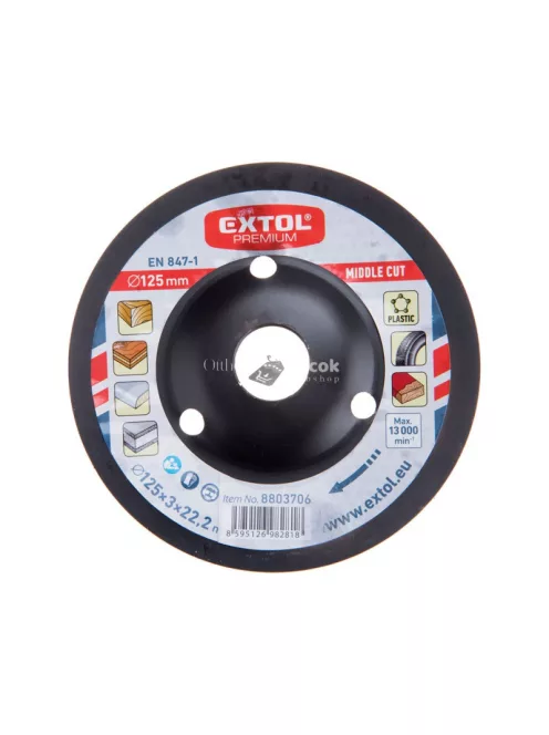 EXTOL PREMIUM faforgácsoló korong; max 13000 ford/perc, sarokcsiszolóhoz, fém, 125×22,2mm, fa csiszolásához, szakaszos használat