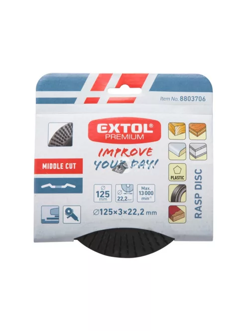 EXTOL PREMIUM faforgácsoló korong; max 13000 ford/perc, sarokcsiszolóhoz, fém, 125×22,2mm, fa csiszolásához, szakaszos használat