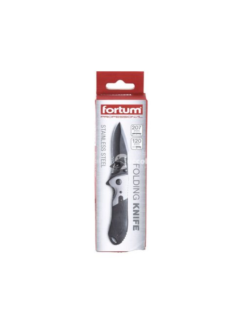 FORTUM zsebkés, rozsdamentes fekete pengével, teljes/összecsukott hossz:207/120mm, ALU/műa. nyél, övre akasztható, rögzítővel