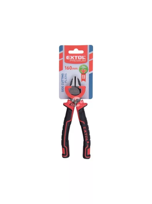 EXTOL PREMIUM oldalcsípő fogó, 190mm, duál vörös/fekete TPR nyél, 20% extra erőkifejtés, akasztós szerszámtartó