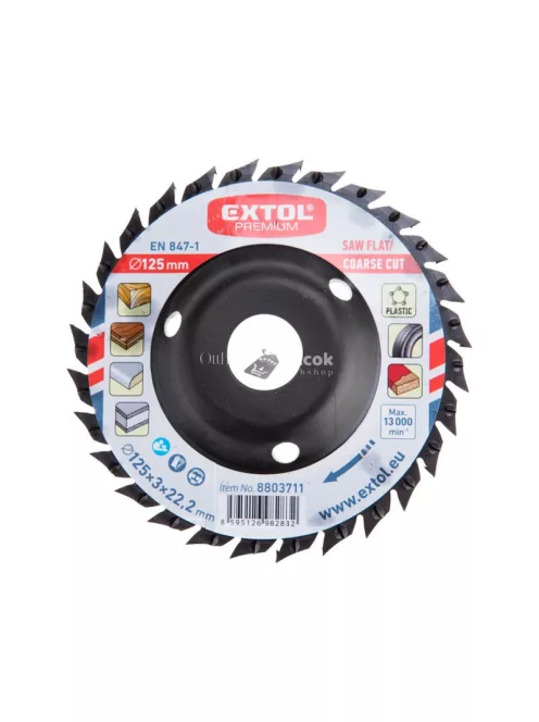EXTOL PREMIUM faforgácsoló korong; max 13000 ford/perc, sarokcsiszolóhoz, fém, 125×22,2mm, fa vágás/csiszolásához