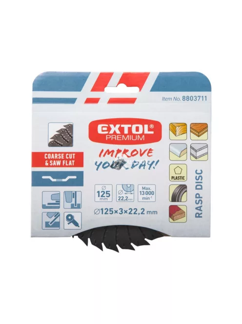 EXTOL PREMIUM faforgácsoló korong; max 13000 ford/perc, sarokcsiszolóhoz, fém, 125×22,2mm, fa vágás/csiszolásához