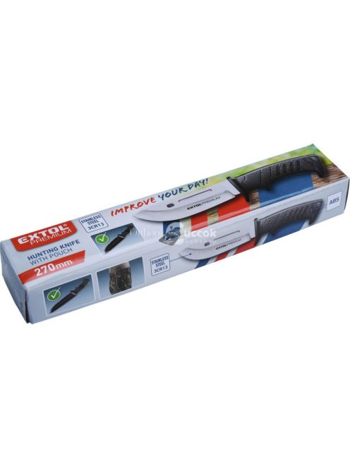 EXTOL PREMIUM vadász- és túrakés, 3CR13 rozsdamentes acél penge, műanyag nyél, nylon tok, teljes/penge hossz: 270mm/145mm