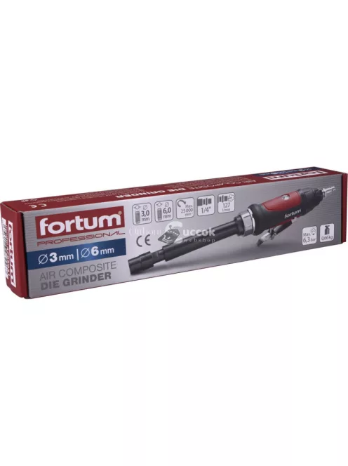 FORTUM pneumatikus furatköszörű, 295 mm hossz.,1/4'; (6 és 3 mm befogás), 25.000 1/min, 127 l/min, 6,3 Bar, 1/4' csatl., 0,7 kg
