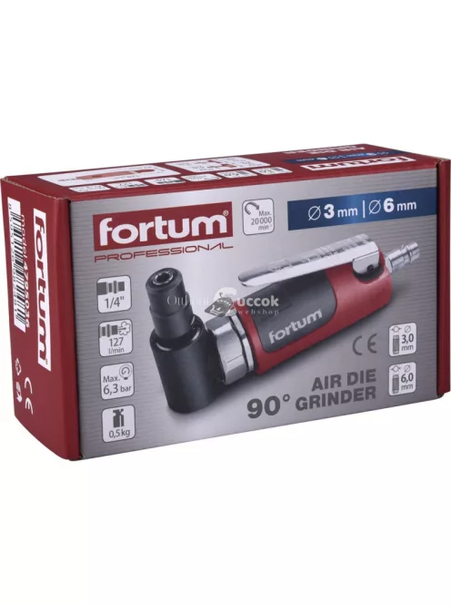FORTUM pneumatikus furatköszörű, derékszögű, 125 mm,1/4'; (6 és 3 mm bef), 20.000 1/min, 127 l/min, 6,3 Bar, 1/4' csatl., 0,5kg